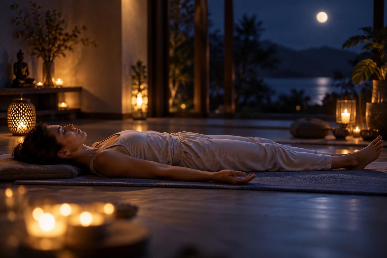 A person resting peacefully in Yoga Nidra by candlelight and moonlight